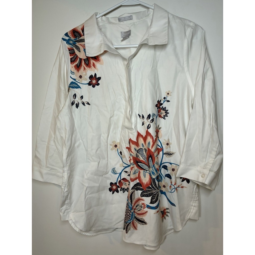 Chicos 1 No Iron White Floral Back Button Shirt Chic Stretch Tunic Top